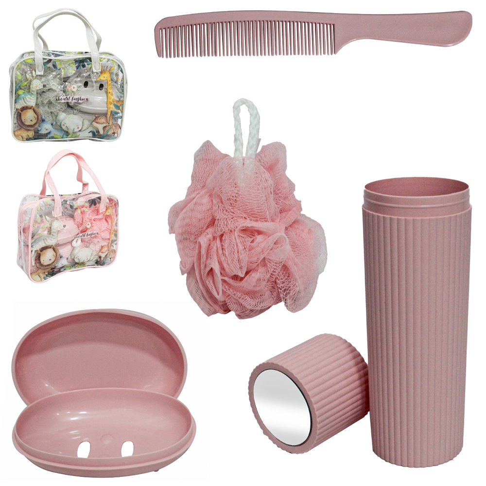 KIT VIAGEM COM PORTA ESCOVA + SABONETEIRA + PENTE E ESPONJA / BUCHA NA NECESSAIRE