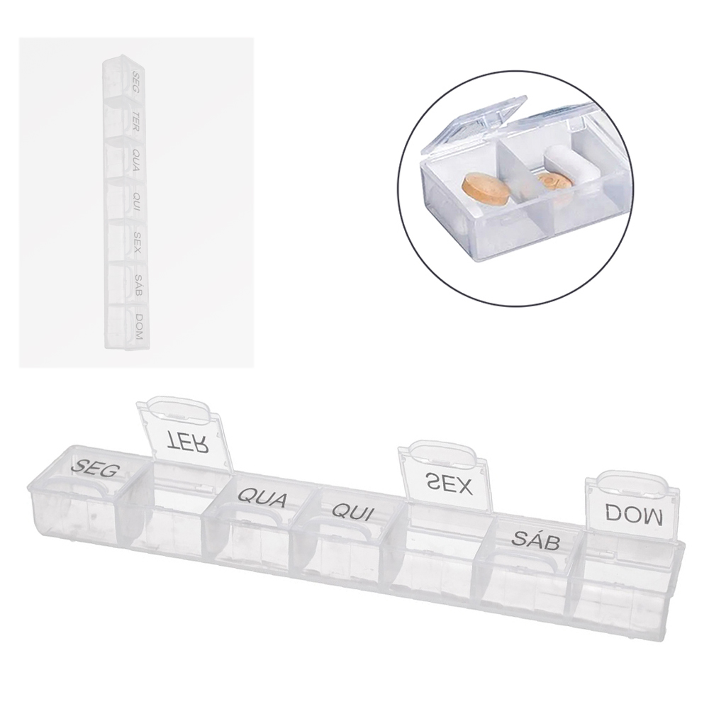 PORTA COMPRIMIDO DE PLASTICO RETANGULAR SEMANAL COM 7 COMPARTIMENTOS 21,5X3,5X2,5CM