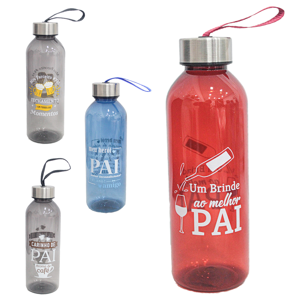 GARRAFA SQUEEZE DE PLASTICO PET FRASES PAI COM TAMPA DE INOX + ALCA 580ML