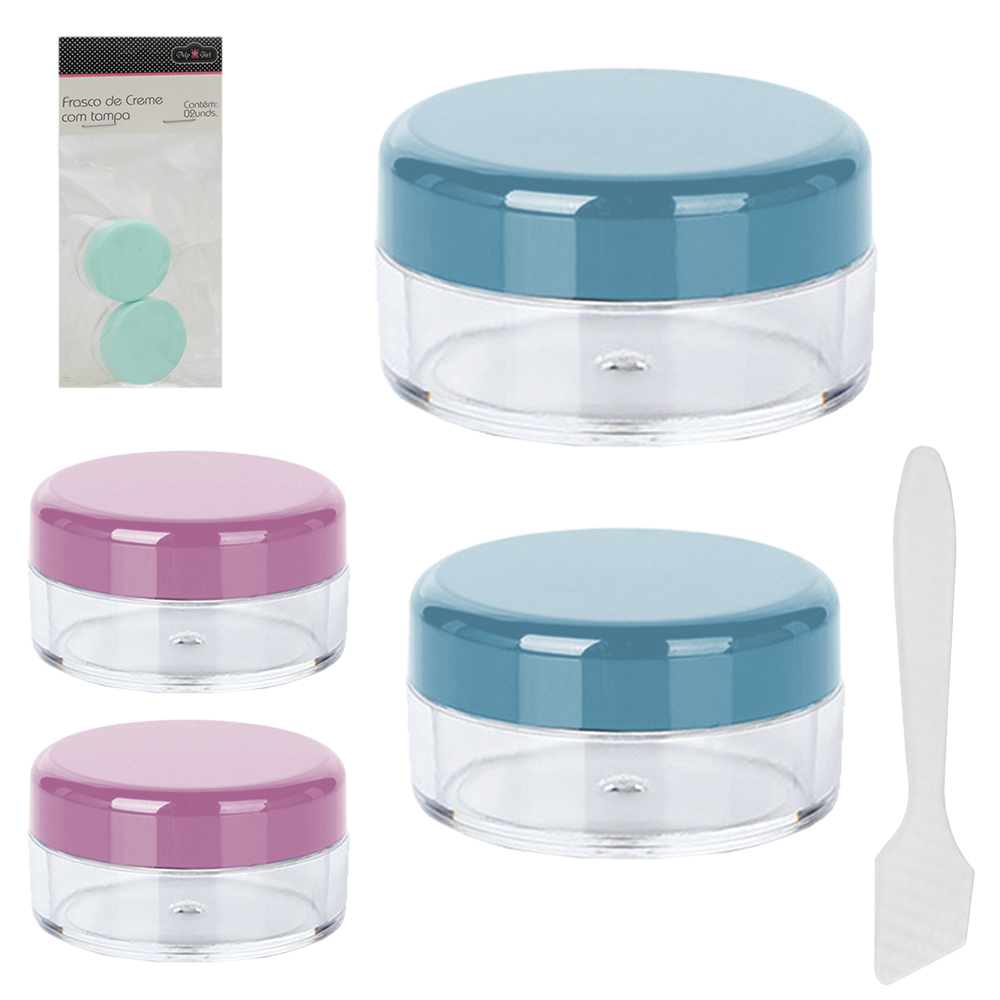 KIT VIAGEM COM MINI POTE PORTA CREME DE ACRILICO + ESPATULA 3 PECAS