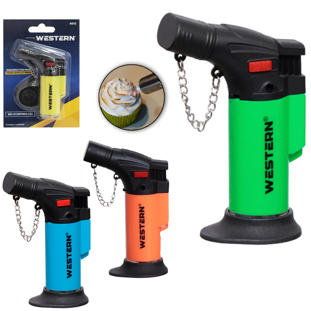 MINI MACARICO PORTATIL RECARREGAVEL COM BASE + CONTROLE MANUAL DE CHAMA DUPLA + BOTAO ACENDIMENTO E TRAVA