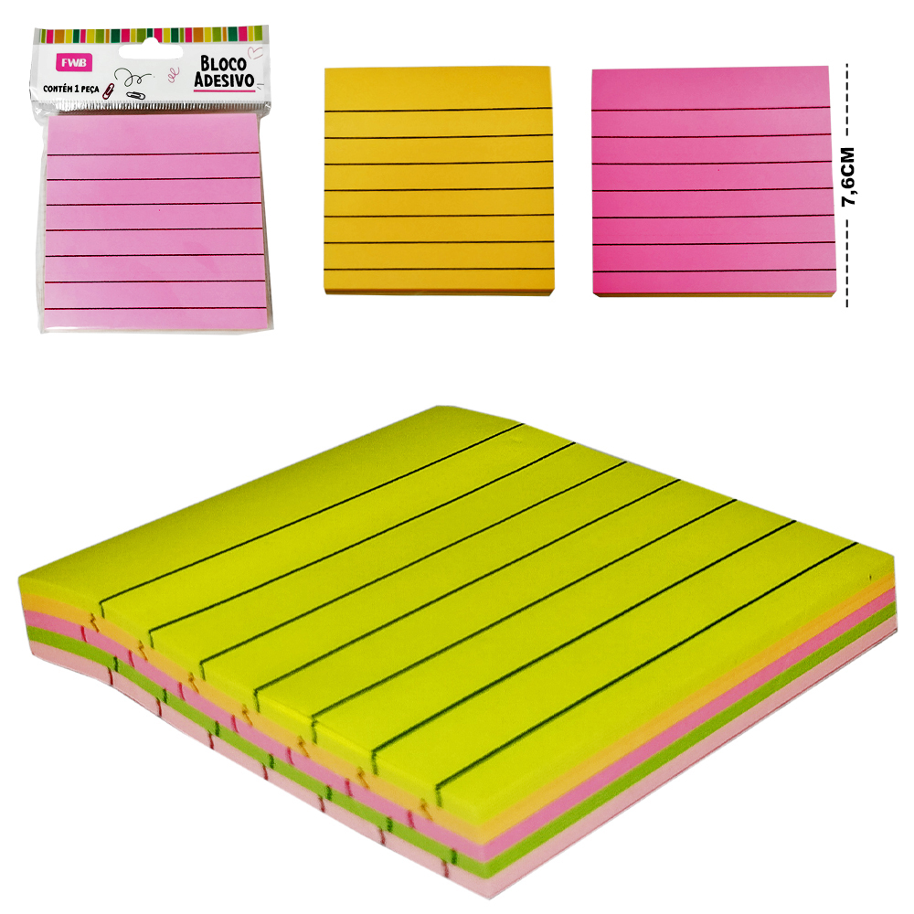 BLOCO DE ANOTACAO STICKER QUADRADO PAUTADO COM 100 FOLHAS 7,6CM