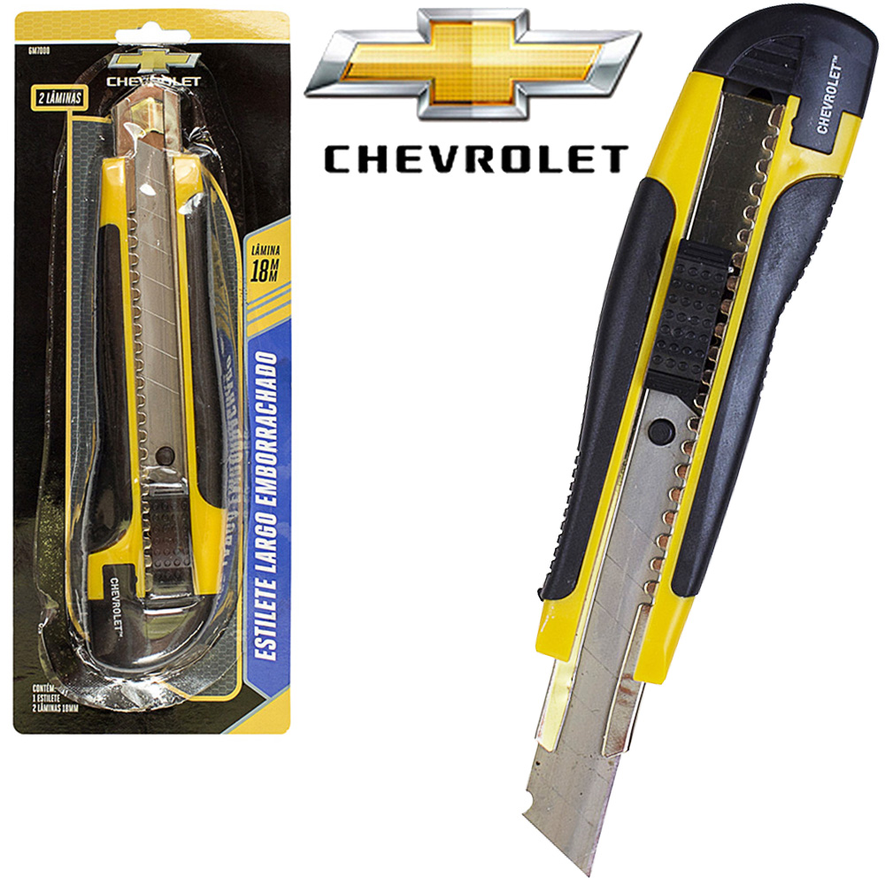 ESTILETE LAMINA LARGA 18MM PLASTICO EMBORRACHADO COM TRILHO METAL + REFIL CHEVROLET