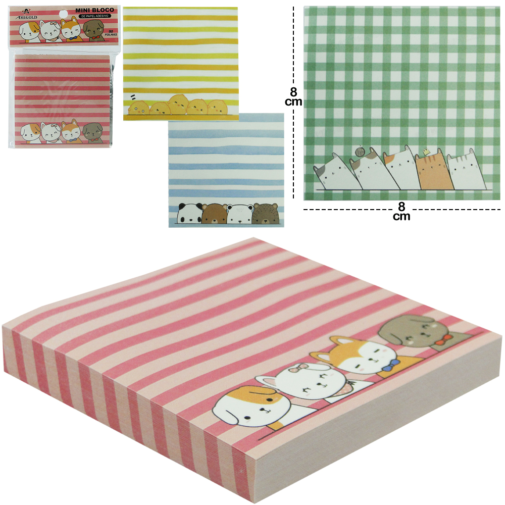 BLOCO DE ANOTACAO STICKER QUADRADO ESTAMPAS SORTIDAS COM 80 FOLHAS 8CM 