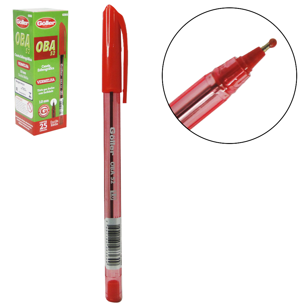 CANETA ESFEROGRAFICA VERMELHA OBA52 1.0MM ESCRITA MEDIA COM 25 PECAS NA CAIXA