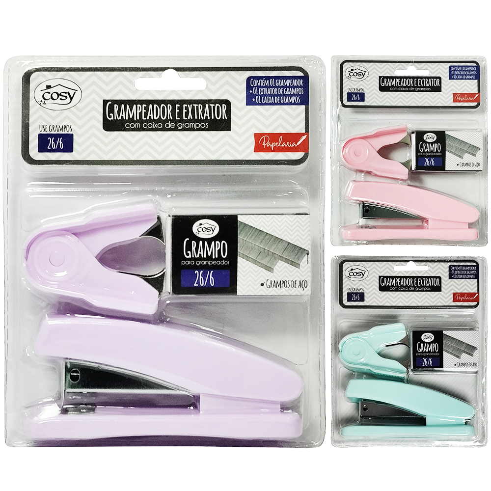 GRAMPEADOR E EXTRATOR COM CAIXA DE GRAMPOS 26/6 KIT 3 EM 1
