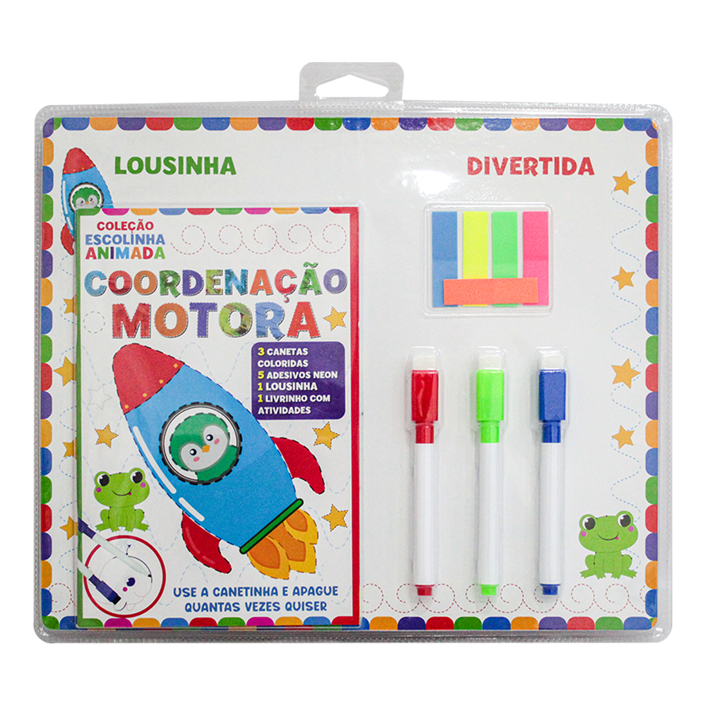 LIVRO COLECAO ESCOLINHA ANIMADA COORDENACAO MOTORA COM QUADRO / LOUSA BRANCA+3 CANETA+100 MARCADOR PAGINA