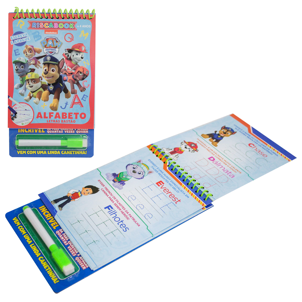 LIVRO RISCABOOK PATRULHA CANINA ALFABETO LETRAS BASTAO ESCREVA E APAGUE + CANETA COM APAGADOR 20 PAGINA 23X14CM