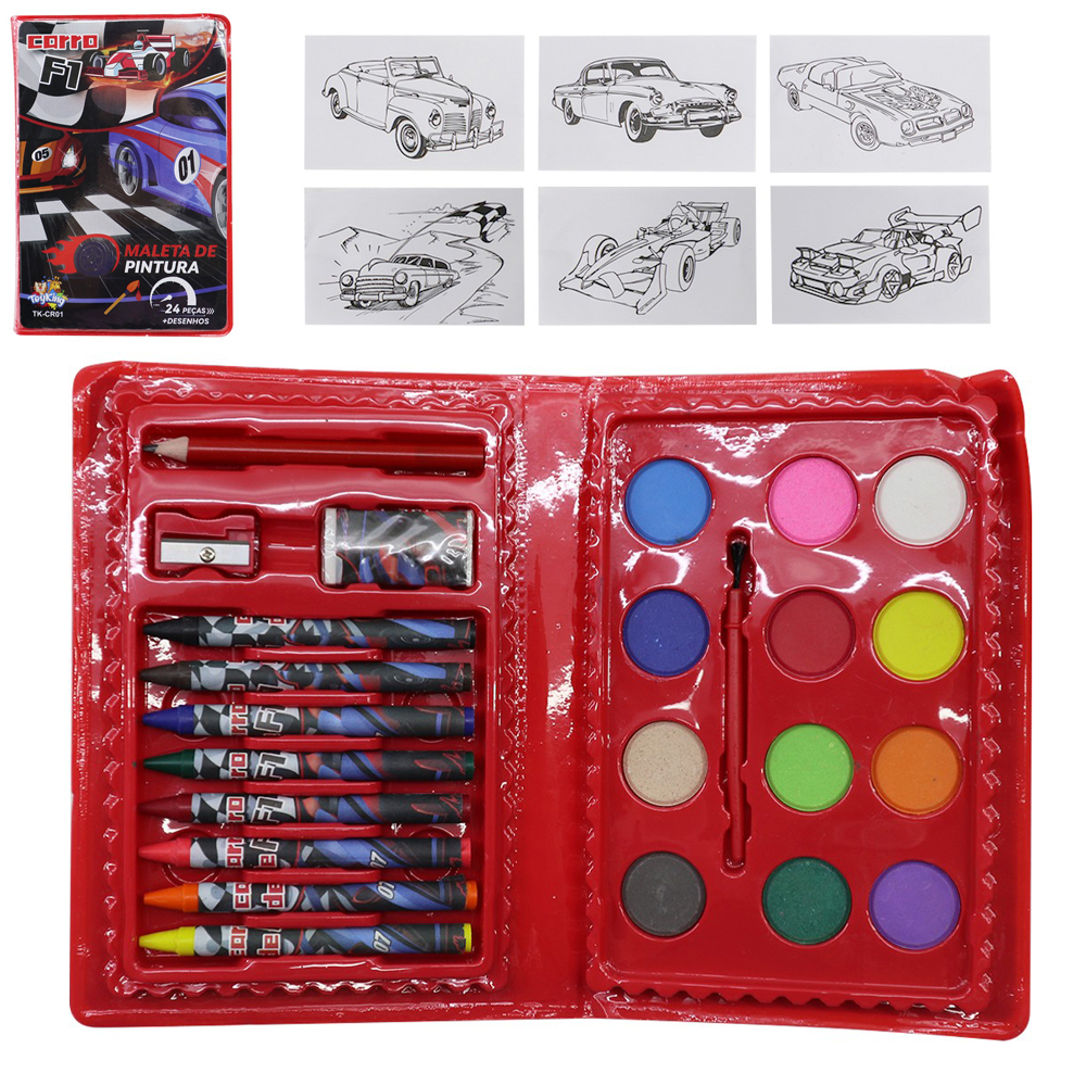 ESTOJO MALETA ESCOLAR CARRO F1 COM AQUARELA + GIZ DE CERA E ACESSORIOS 24 PECAS