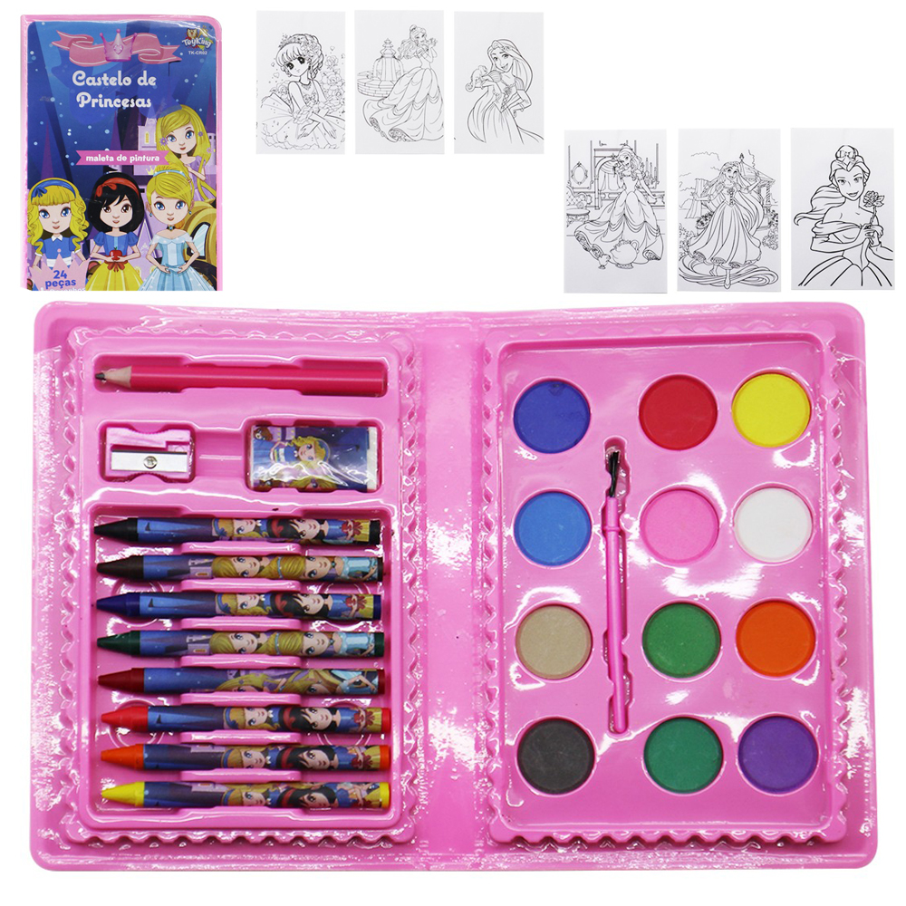 ESTOJO MALETA ESCOLAR CASTELO DE PRINCESAS COM AQUARELA + GIZ DE CERA E ACESSORIOS 24 PECAS