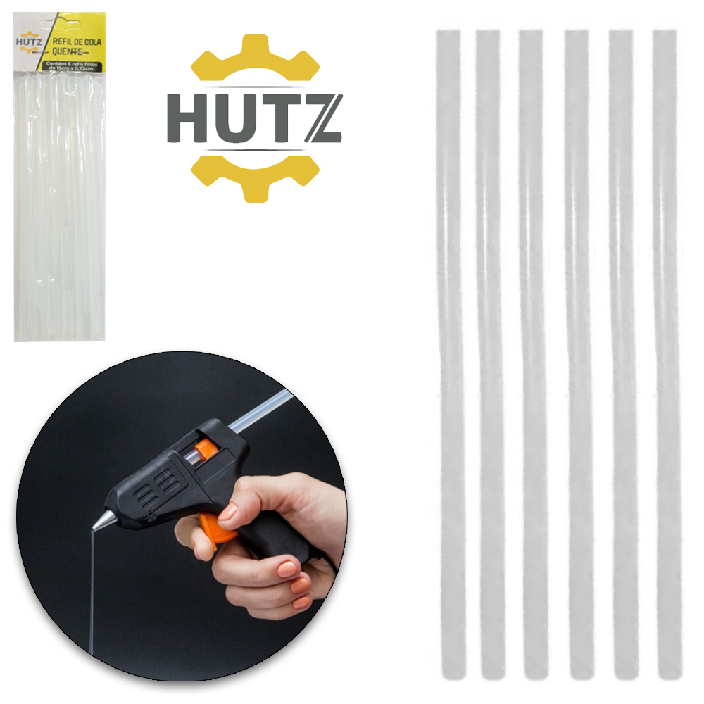 REFIL DE COLA QUENTE FINO BASTAO HUTZ 70GR COM 6 PECAS 7,2MMX30CM