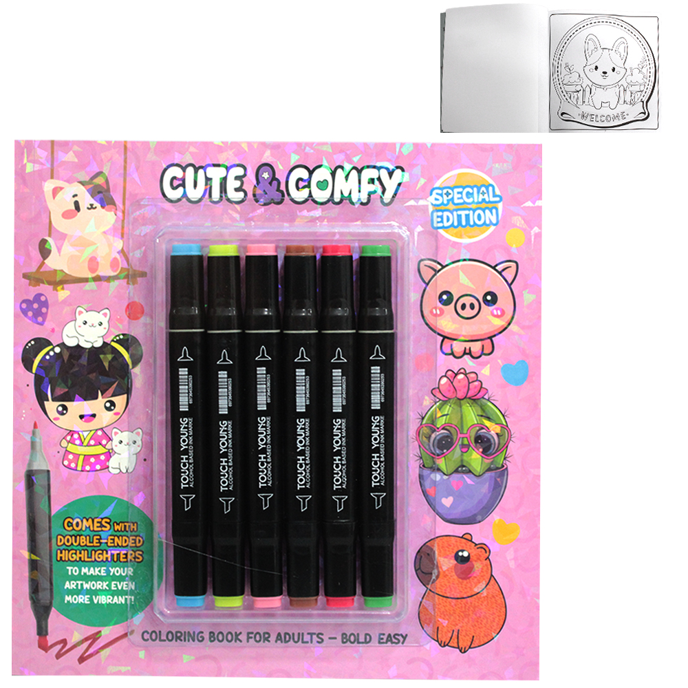 LIVRO CUTE & COMFY COLORING BOOK FOR ADULTS - BOLD EASY PARA COLORIR COM 6 CANETAS DUPLA 65 PAGINAS 23X23CM