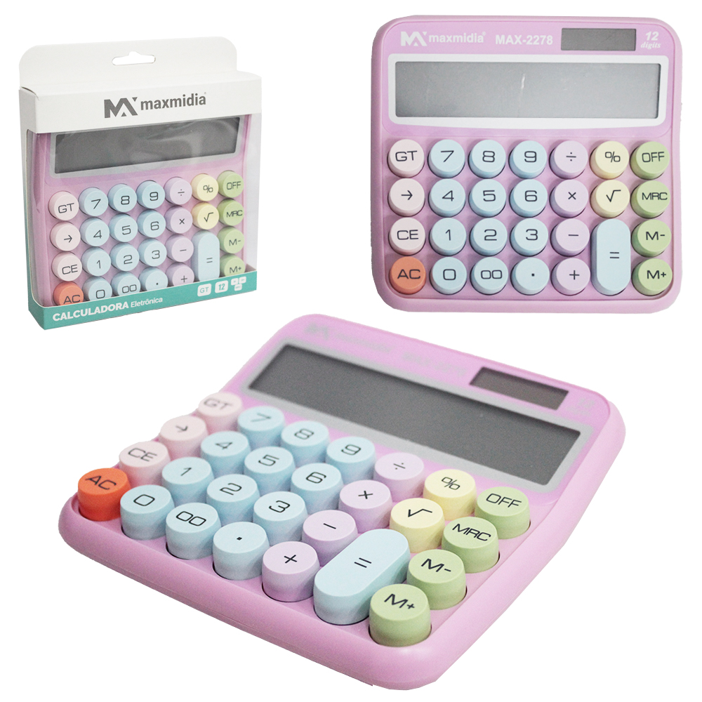 CALCULADORA ELETRONICA RETRO 12 DIGITOS A PILHA / SOLAR MAXMIDIA 15X15CM