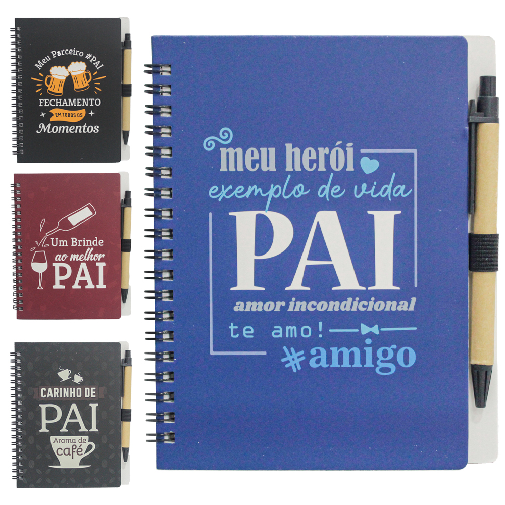 CADERNETA / BLOCO DE NOTAS ESPIRAL FRASES PAI COM CANETA + 140 FOLHAS 18X14CM