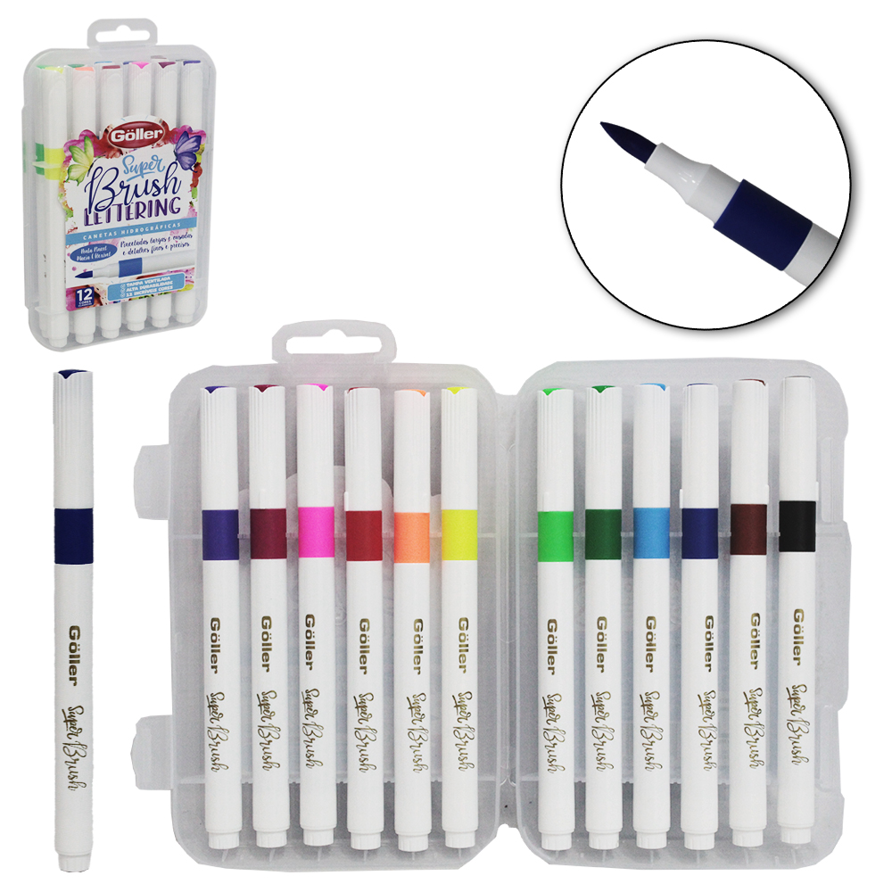 CANETA HIDROGRAFICA PINCEL SUPER BRUSH LETTERING COM 12 PECAS NA MALETA