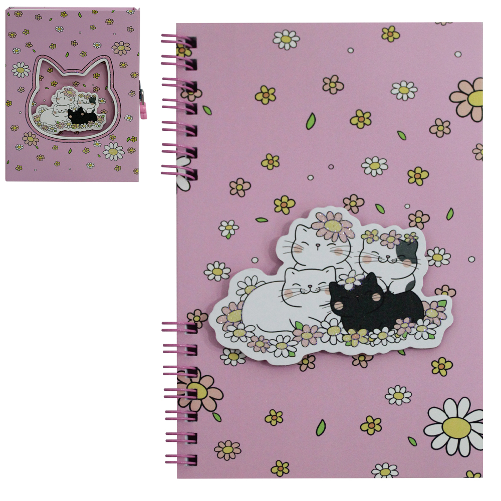 DIARIO GATINHA COM CADEADO + GLITTER 60 FOLHAS 18X11,5CM NA CAIXA