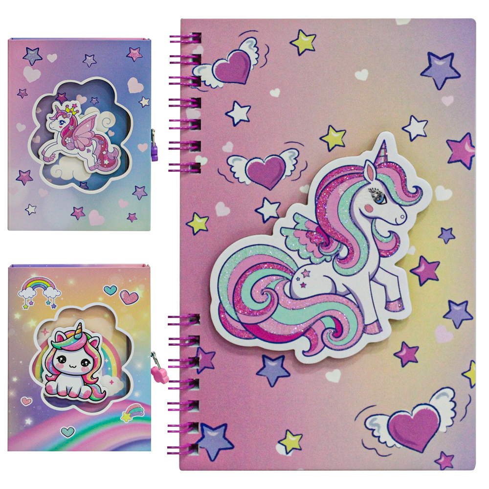 DIARIO UNICORNIO COM CADEADO + GLITTER 60 FOLHAS 18X11,5CM NA CAIXA