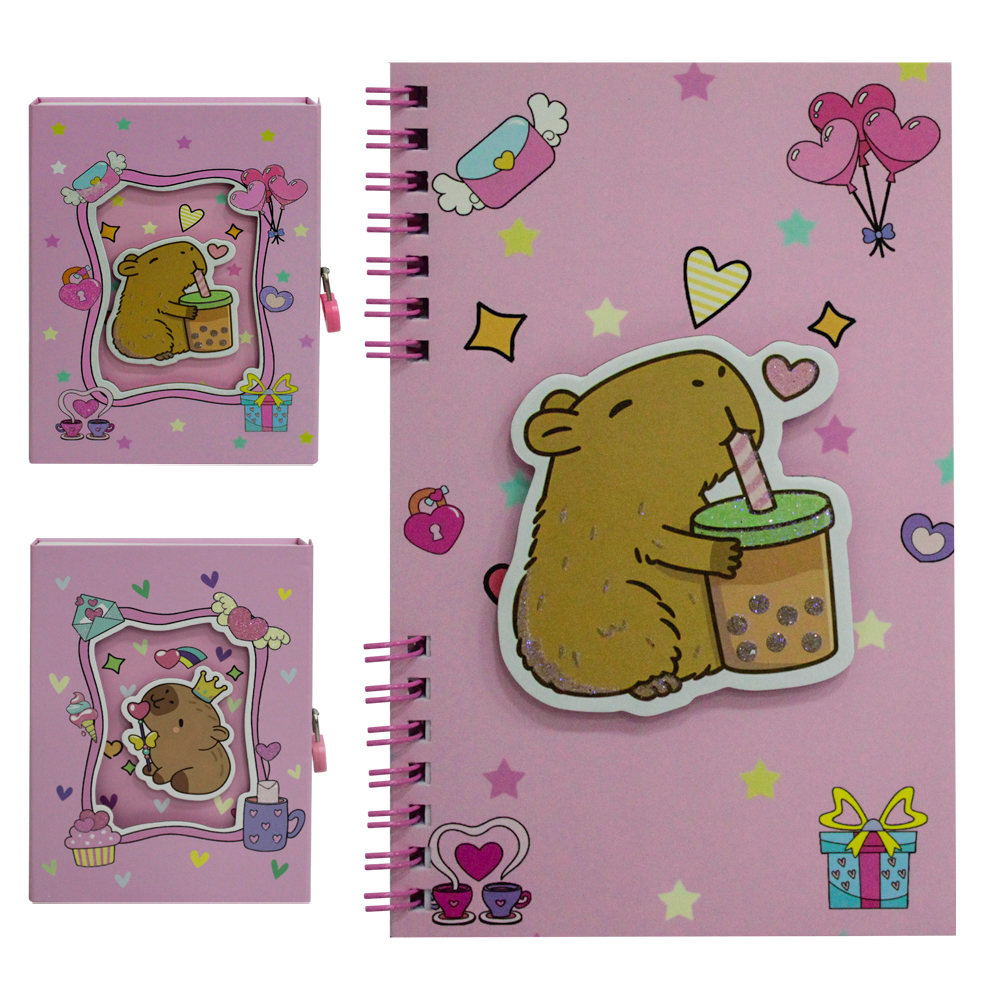 DIARIO CAPIVARA COM CADEADO + GLITTER 60 FOLHAS 18X11,5CM NA CAIXA