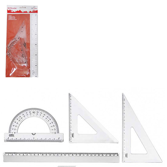 KIT ESCOLAR COM REGUA 30CM + 2 ESQUADROS 60 / 45º E TRANSFERIDOR 180º