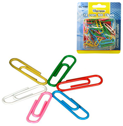 CLIPS DE METAL OVAL COLORIDO COM 100 PECAS 28MM NA CARTELA 