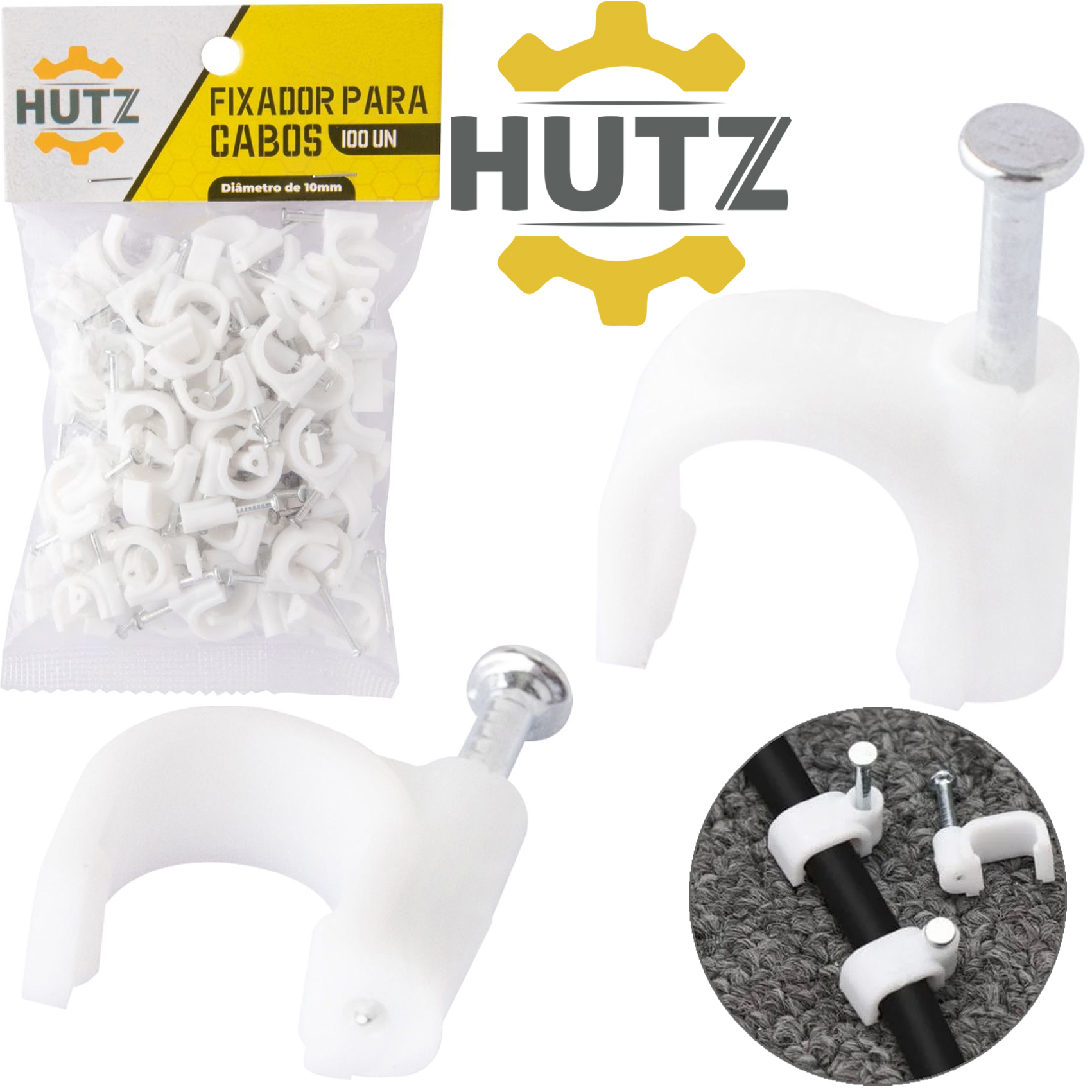 FIXADORES PARA CABO / FIOS COAXIAL HUTZ BRANCO COM 100 PECAS 10MM 