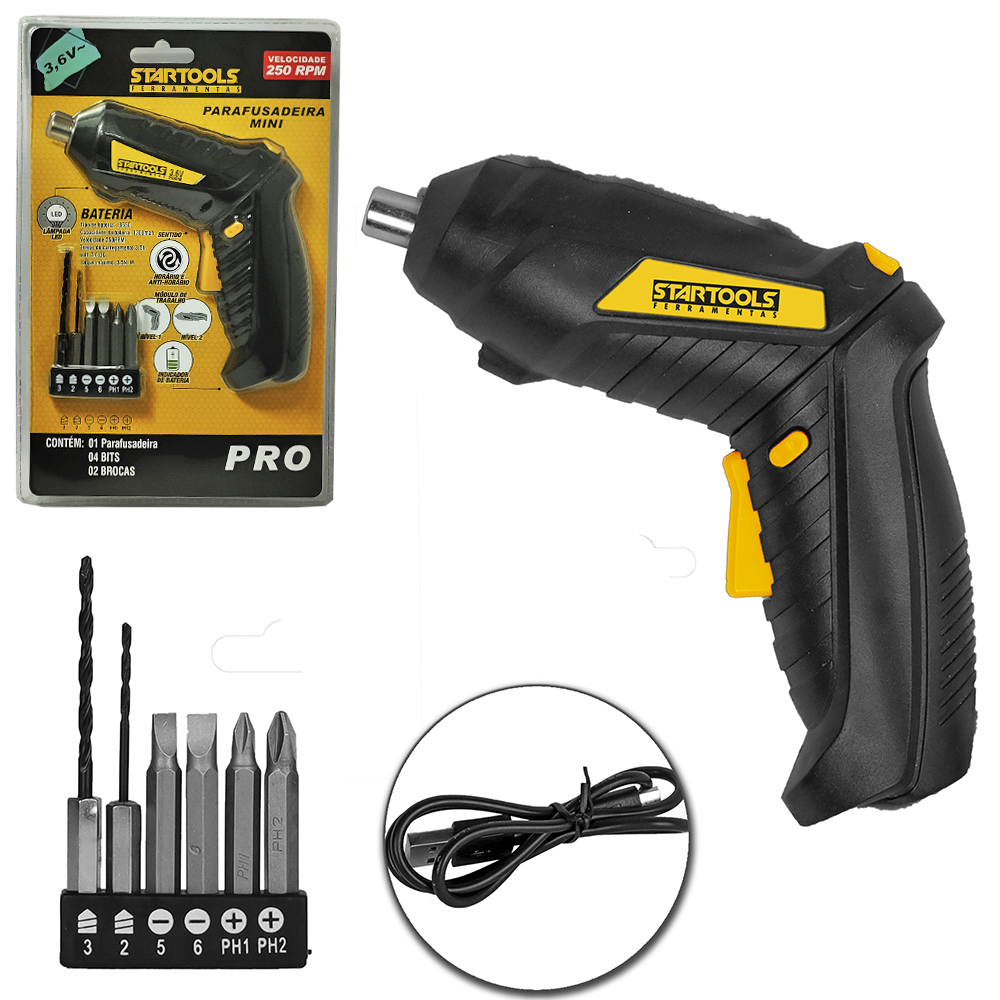 MINI PARAFUSADEIRA RECARREGAVEL 3,6V BIVOLT COM LED + 4 BITS E 2 BROCAS PRO