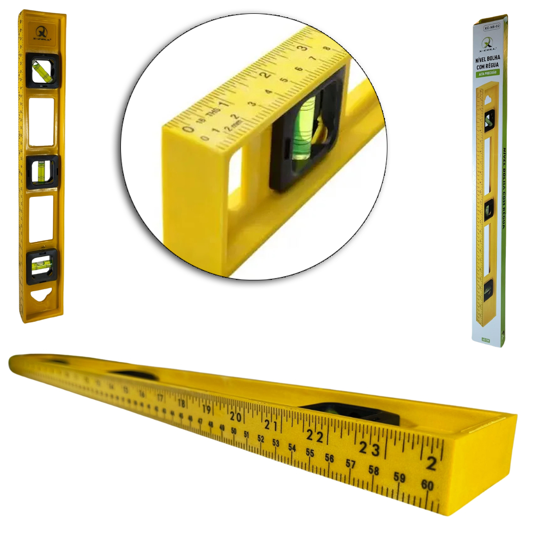 NIVEL DE PLASTICO AMARELO COM 3 BOLHAS X-CELL 60CM
