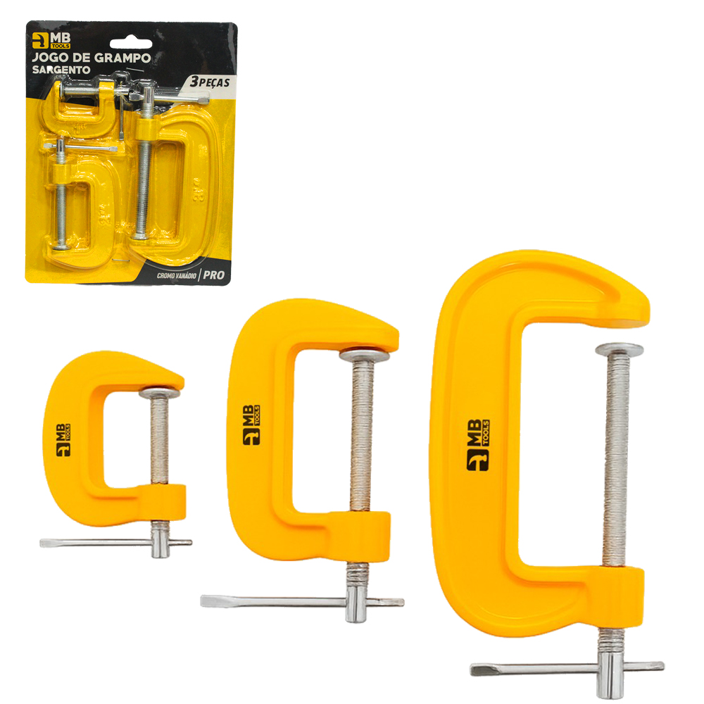 GRAMPO SARGENTO TIPO C DE ACO CROMO VANADIO COM 3 PECAS 1 / 2 /3'' MB TOOLS