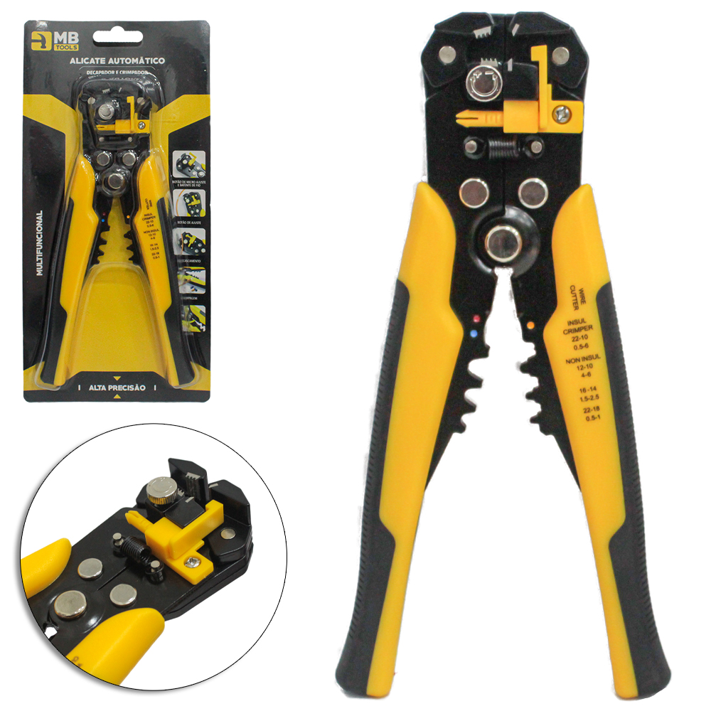 ALICATE AUTOMATICO ( DESENCAPADOR DE FIOS ) DECAPADOR E CRIMPADOR 8'' CABO AMARELO / PRETO MB TOOLS