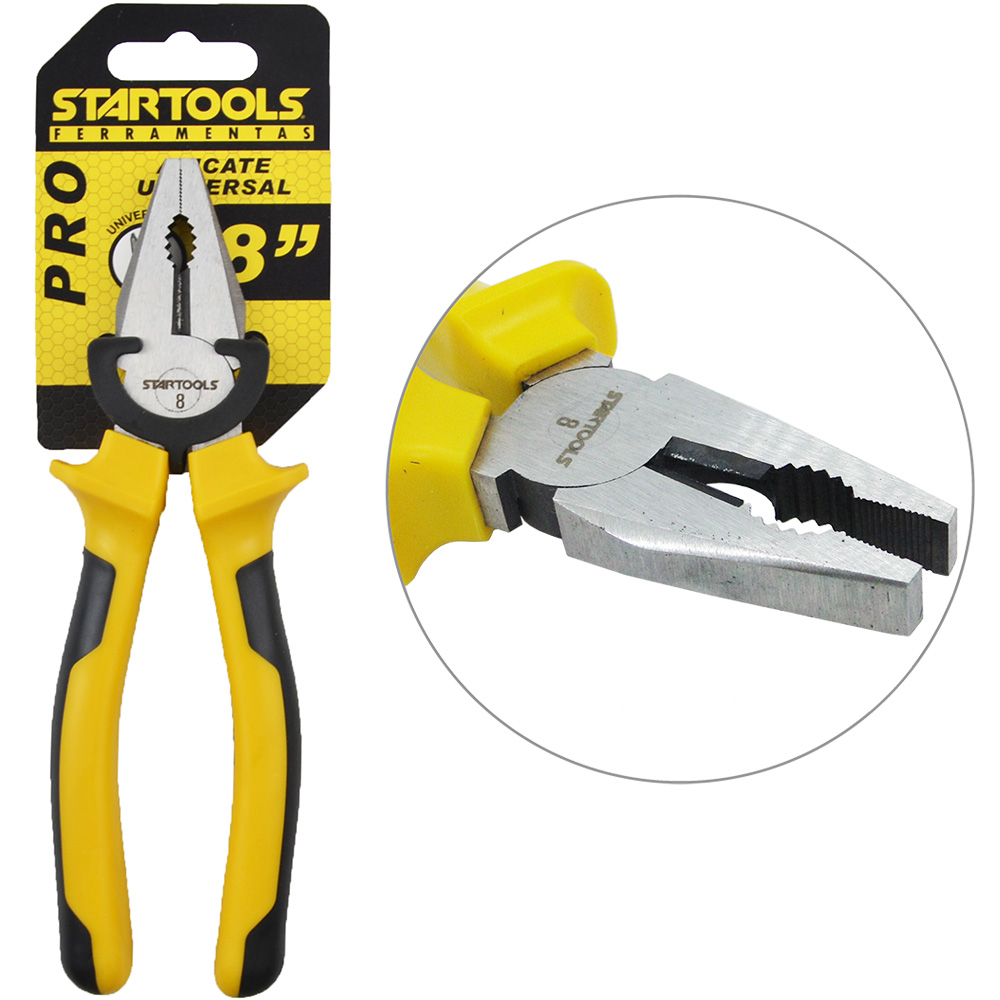 ALICATE UNIVERSAL 8'' CABO EMBORRACHADO AMARELO / PRETO PRO NA CARTELA