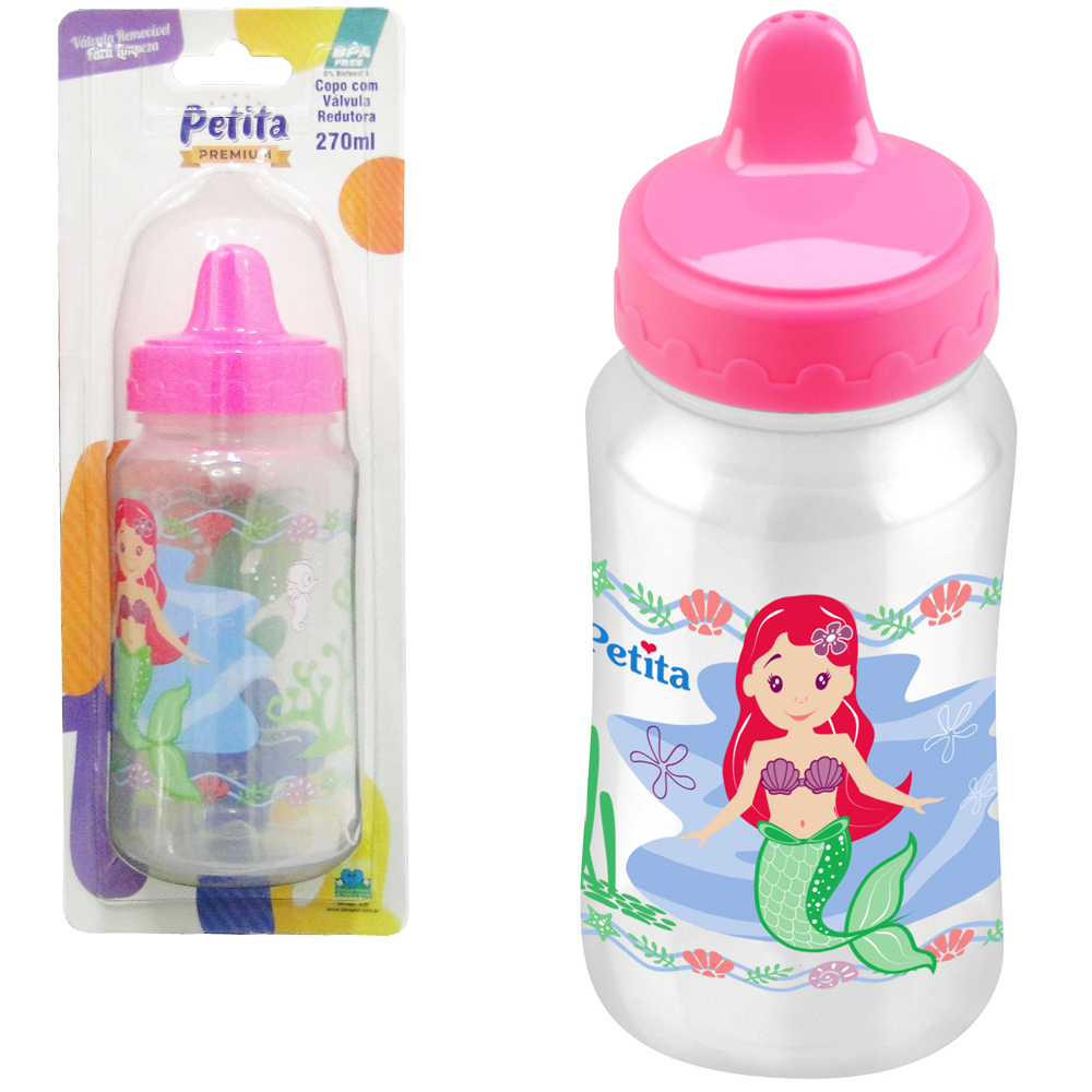 COPO BABY COM VALVULA REDUTORA + TAMPA E BICO DE PLASTICO SEREIA PREMIUM ROSA 270ML