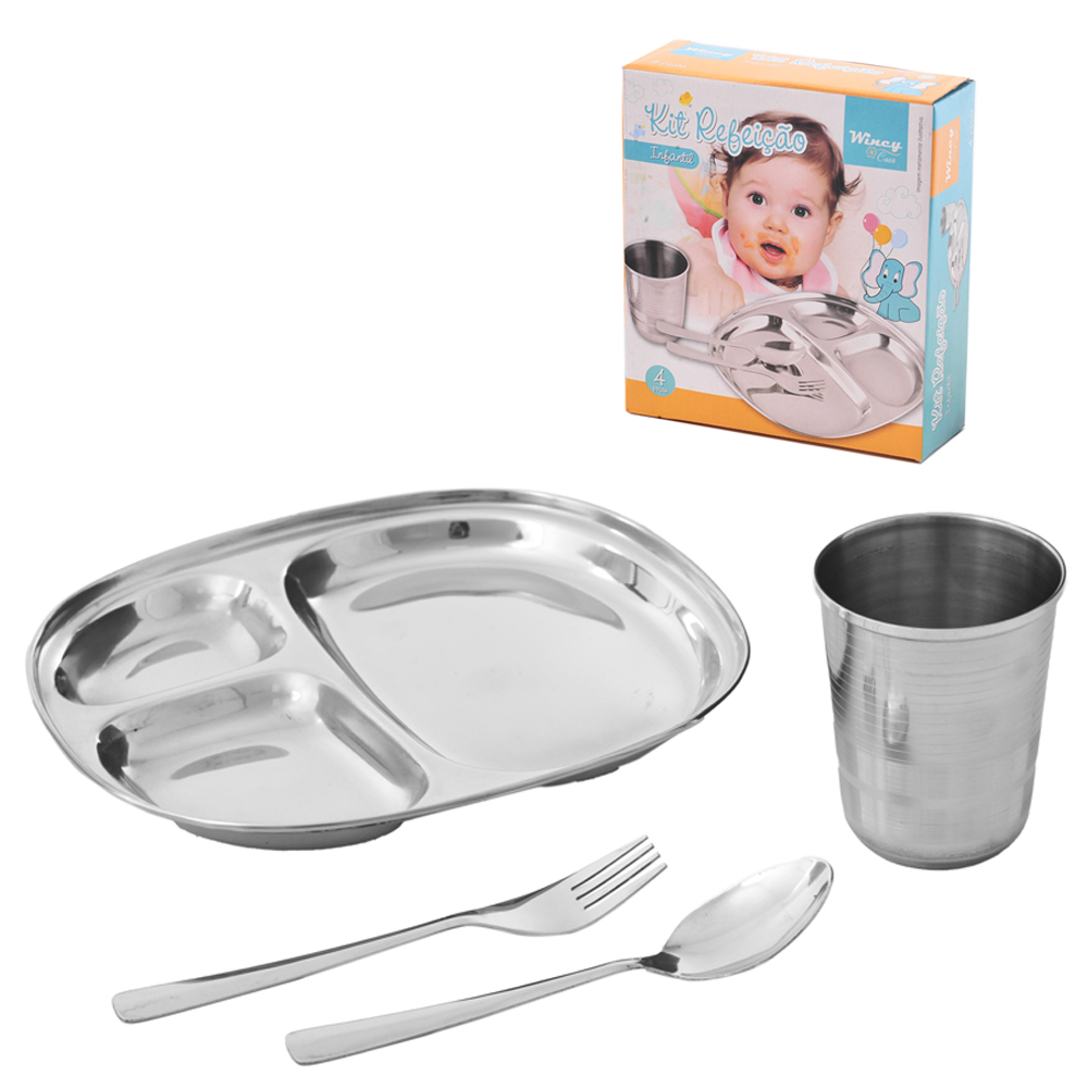 KIT ALIMENTACAO / PAPINHA DE INOX INFANTIL BABY COM PRATO + COLHER + GARFO E COPO 250ML