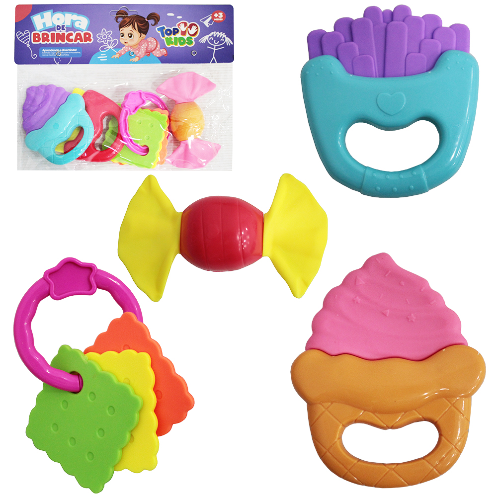 CHOCALHO MORDEDOR BABY HORA DE BRINCAR TOP KIDS COM 4 PECAS