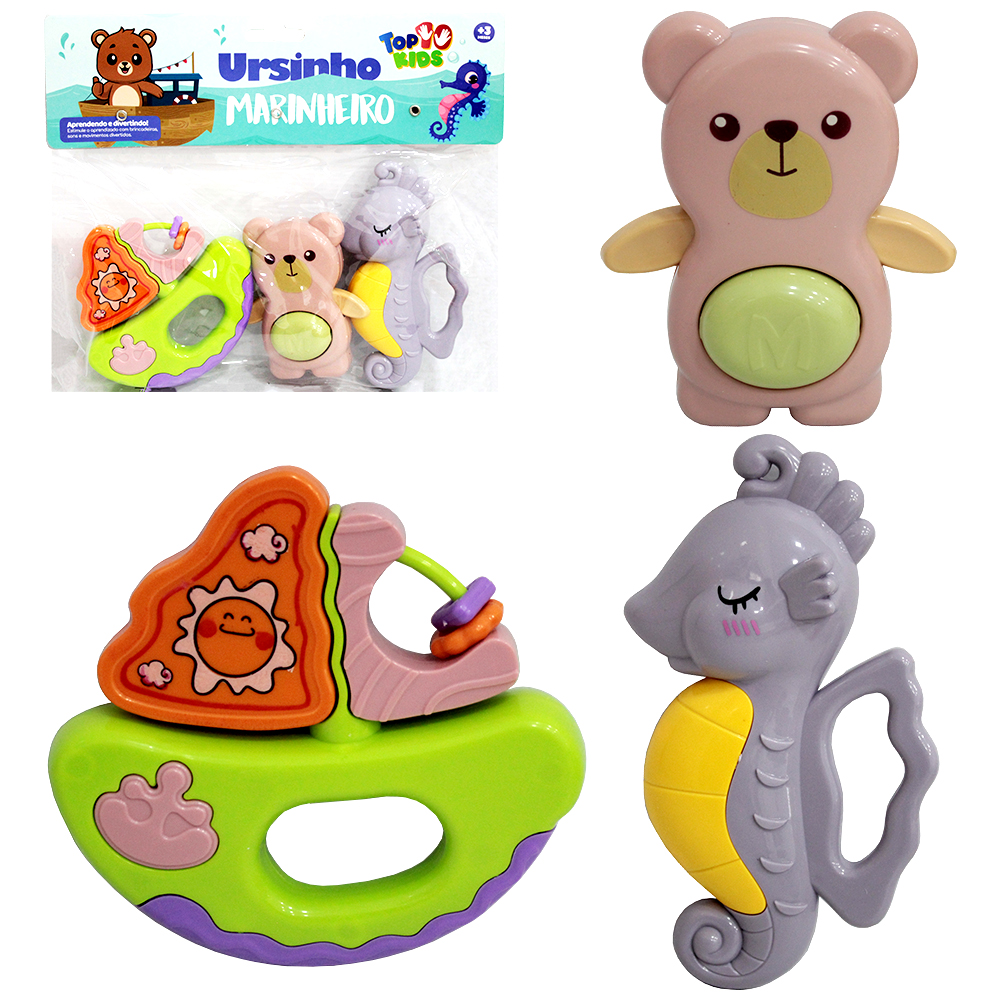 CHOCALHO BABY DIVERTIDO URSINHO MARINHEIRO TOP KIDS 3 PECAS