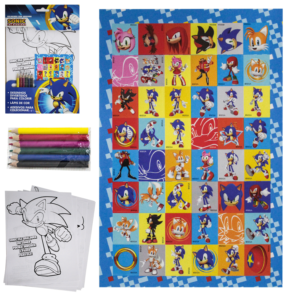 DESENHO PARA COLORIR COM 8 DESENHOS SONIC THE HEDGEHOG COM 6 LAPIS DE COR + 48 ADESIVOS 25,5X19CM
