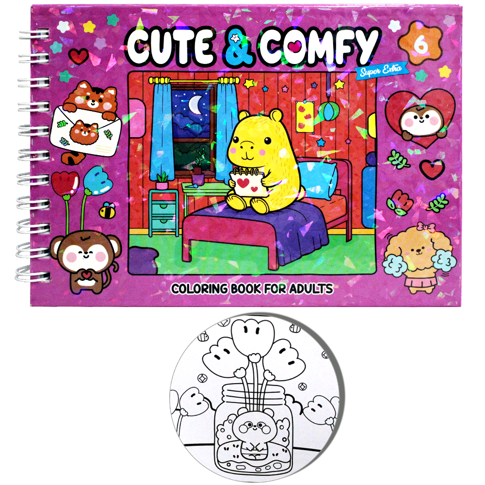 LIVRO CUTE & COMFY 6 COLORING BOOK FOR ADULTS P/COLORIR CP. DURA ESPIRAL 21,5X16CM