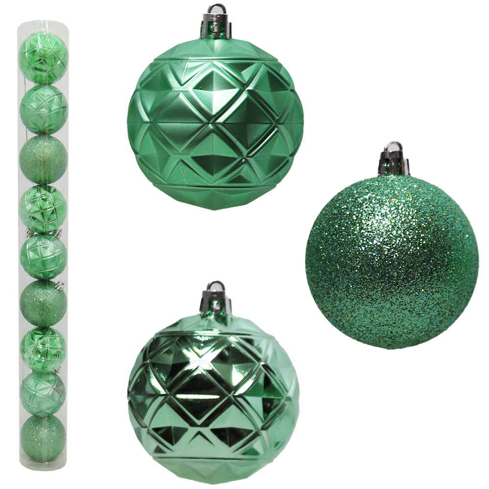 BOLA DE NATAL MISTA GLITTER / RELEVO FOSCA / BRILHO VERDE MENTA COM 9 PECAS 6CM DE Ø