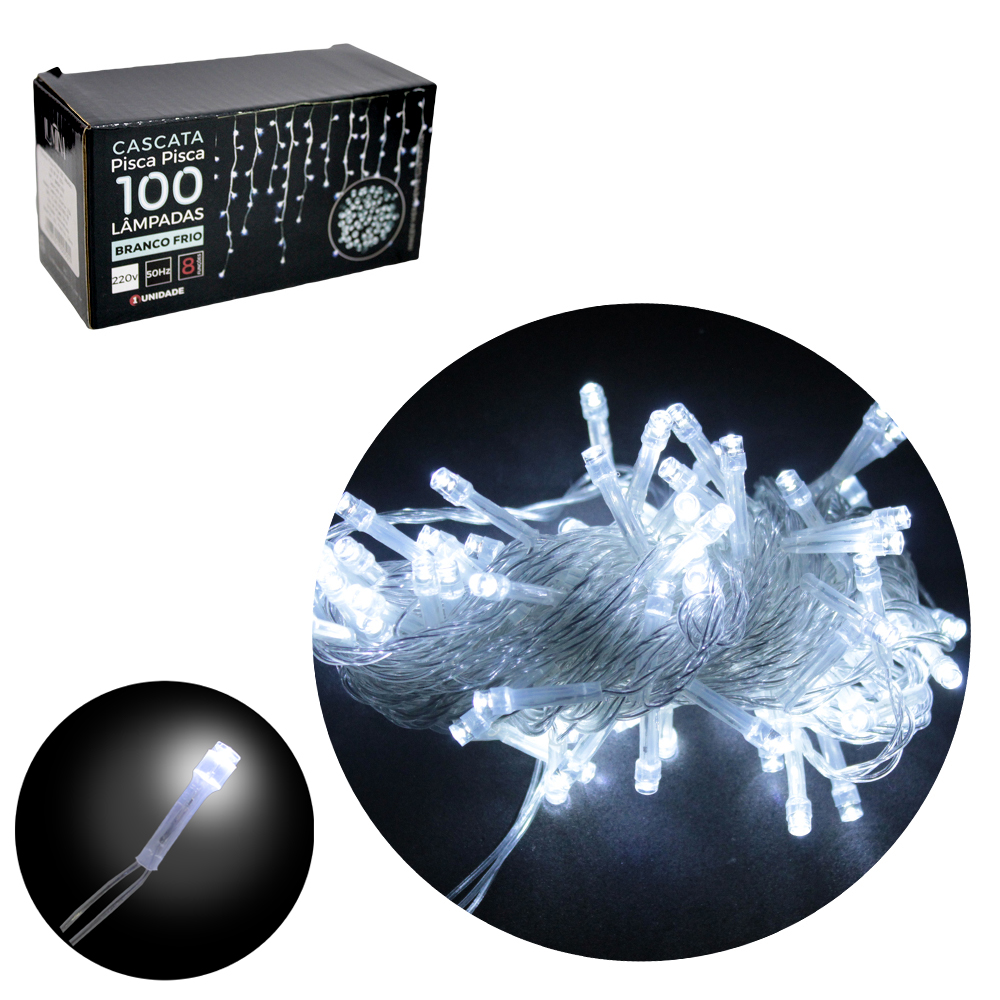 CASCATA 100 LEDS BRANCO FRIO 220V 50HZ 8 FUNCOES 1,9M FIO TRANSPARENTE