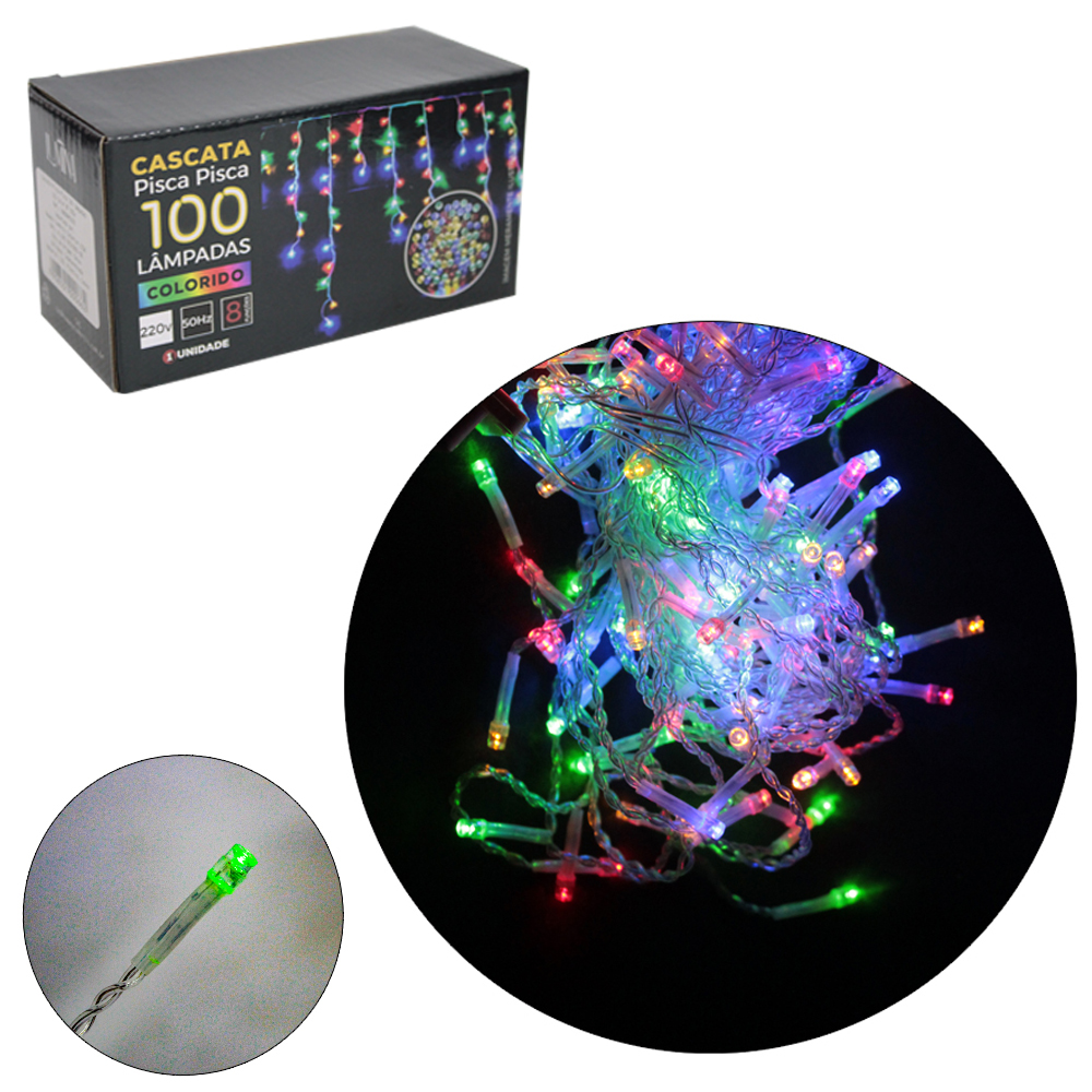 CASCATA 100 LEDS COLORS 220V 50HZ 8 FUNCOES 1,9M FIO TRANSPARENTE