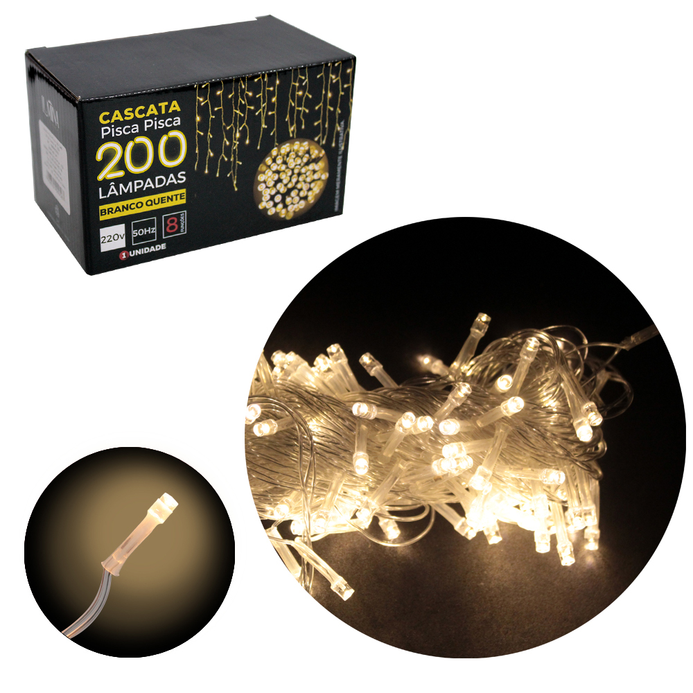 CASCATA 200 LEDS BRANCO QUENTE 220V 50HZ 8 FUNCOES 3,8M FIO TRANSPARENTE