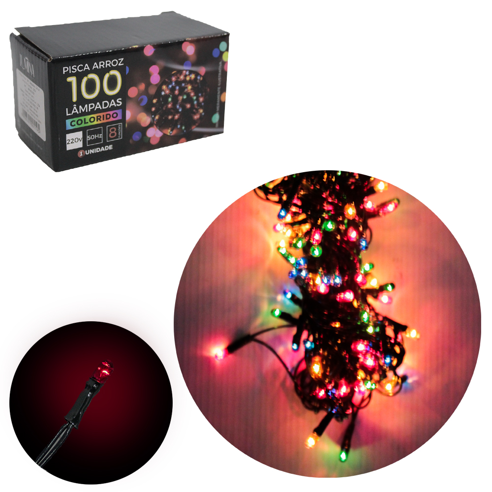 PISCA ARROZ 100 LEDS COLORS 220V 50HZ 8 FUNCOES 3,5M FIO VERDE