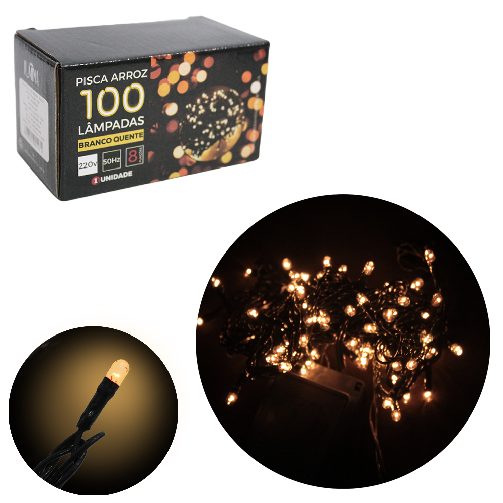 PISCA ARROZ 100 LEDS BRANCO QUENTE 220V 50HZ 8 FUNCOES 3,5M FIO VERDE
