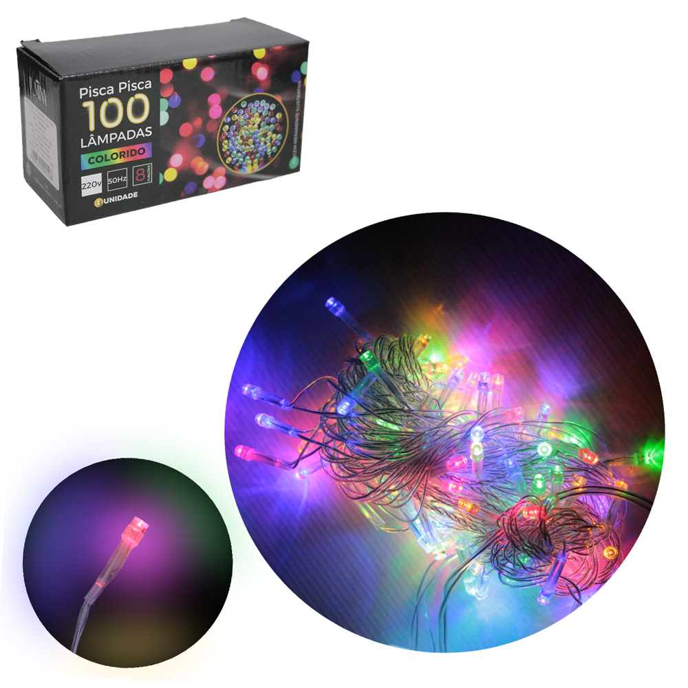 PISCA 100 LEDS COLORS 220V 50HZ 8 FUNCOES 9M FIO TRANSPARENTE