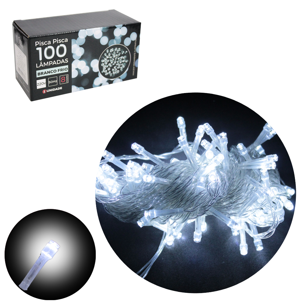 PISCA 100 LEDS BRANCO FRIO 220V 50HZ 8 FUNCOES 9M FIO TRANSPARENTE
