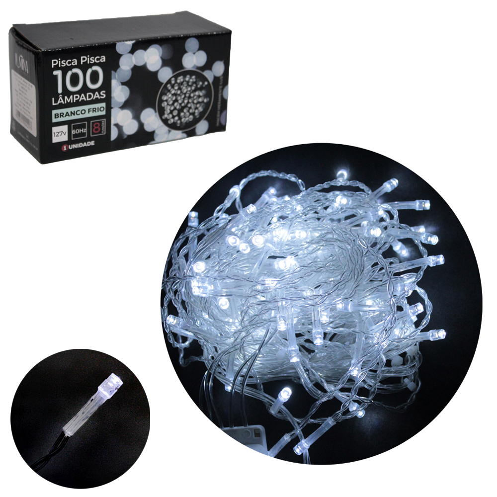 PISCA 100 LEDS BRANCO FRIO 127V 60HZ 8 FUNCOES 9M FIO TRANSPARENTE