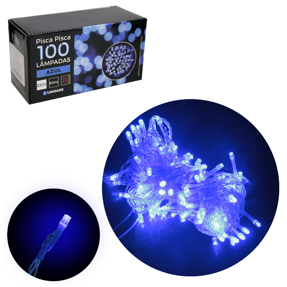 PISCA 100 LEDS AZUL 220V 50HZ 8 FUNCOES 9M FIO TRANSPARENTE AZUL