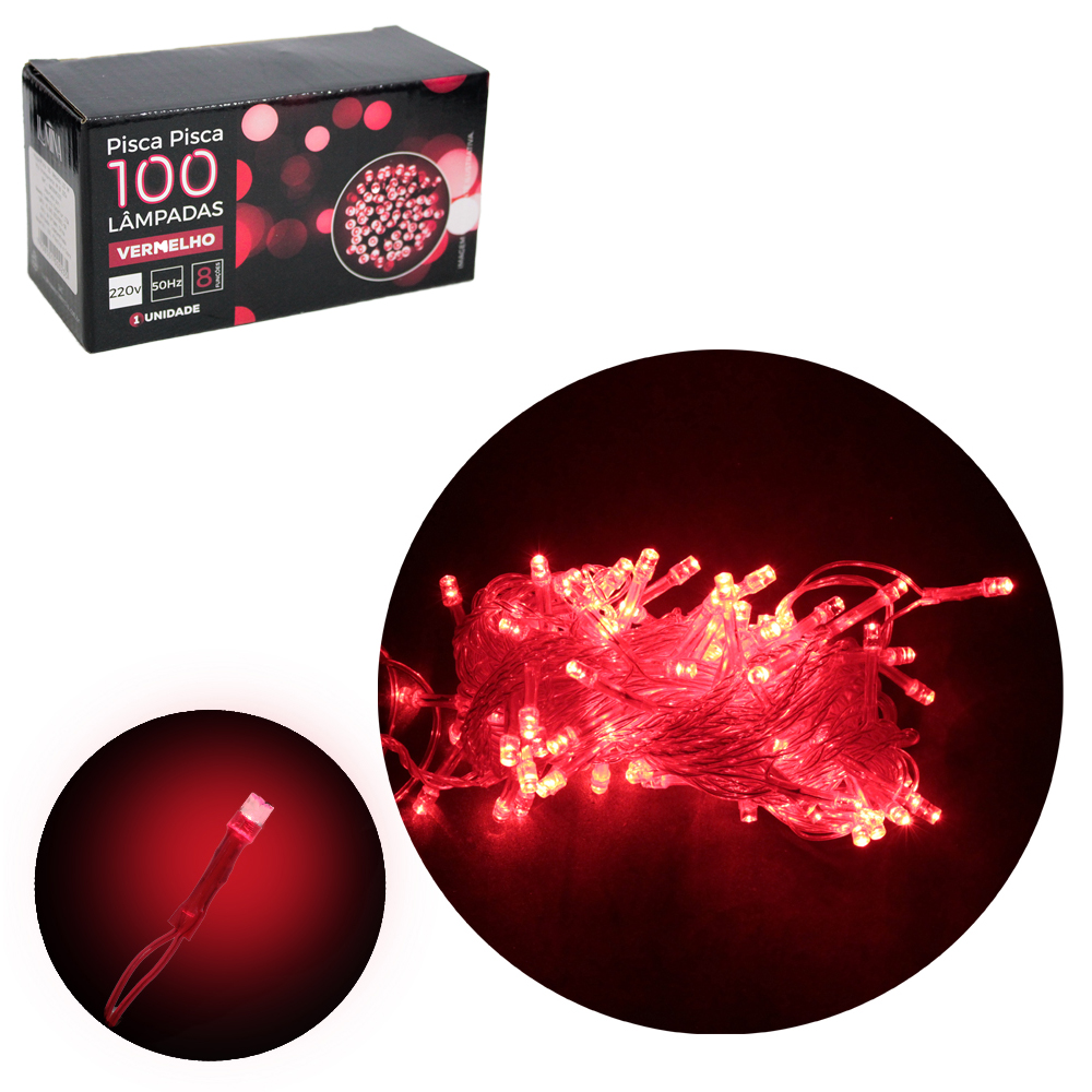 PISCA 100 LEDS VERMELHO 220V 50HZ 8 FUNCOES 9M FIO TRANSPARENTE VERMELHO