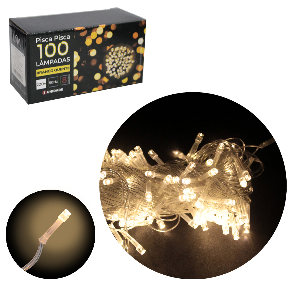 PISCA 100 LEDS BRANCO QUENTE 220V 50HZ 8 FUNCOES 9M FIO TRANSPARENTE