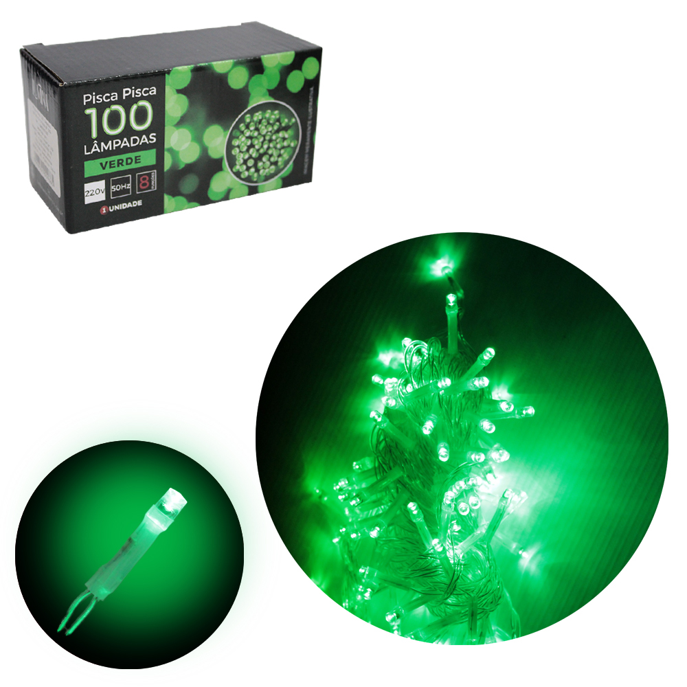 PISCA 100 LEDS VERDE 220V 50HZ 8 FUNCOES 9M FIO TRANSPARENTE