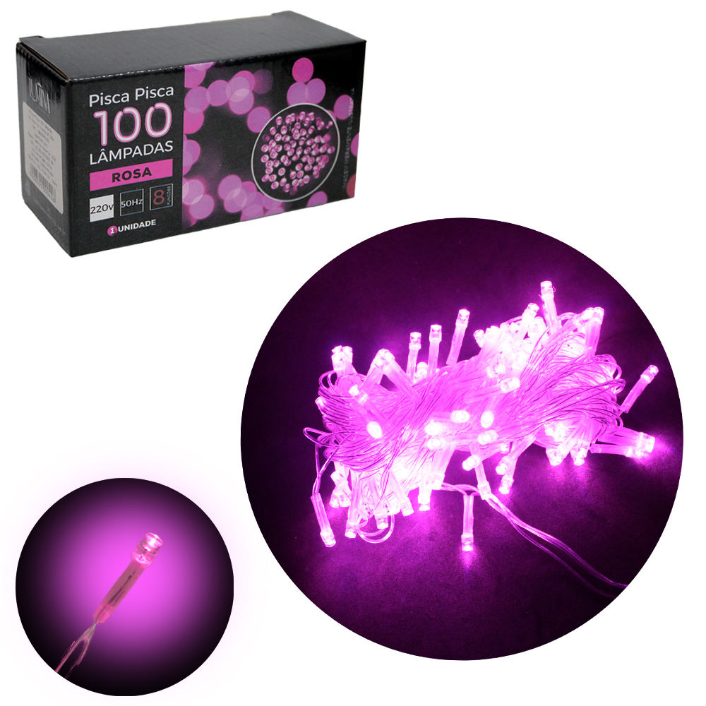 PISCA 100 LEDS ROSA 220V 50HZ 8 FUNCOES 9M FIO TRANSPARENTE